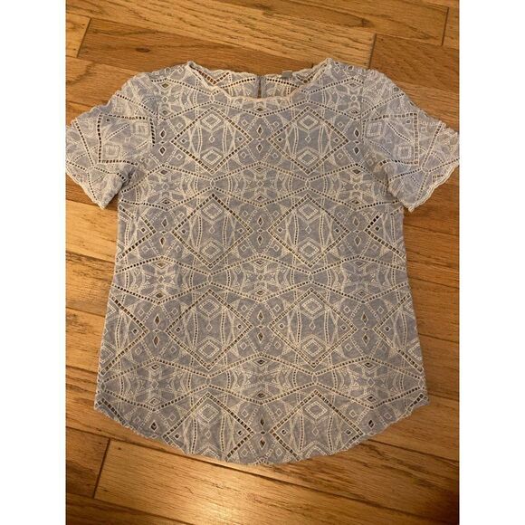 J. Crew women's light blue, geometrical patterned eyelet short sleeve top sz XS - Picture 1 of 9